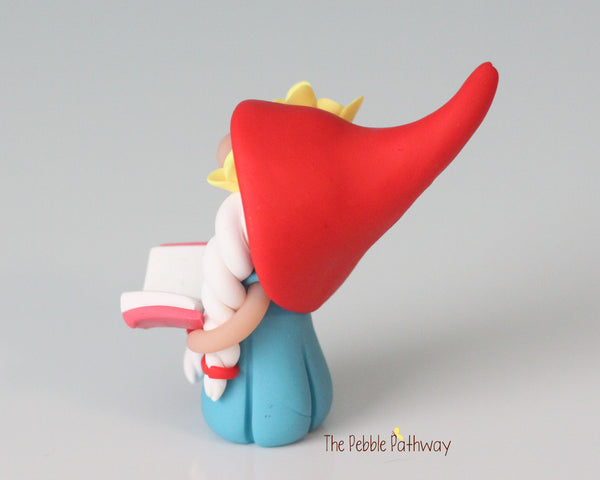 Custom Gnomette - Girl gnome with pink book and yellow flowers