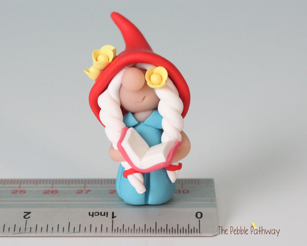 Custom Gnomette - Girl gnome with pink book and yellow flowers