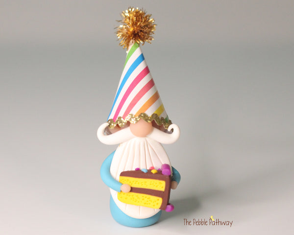 Happy Birthday Miniature Gnome with party hat and piece of cake