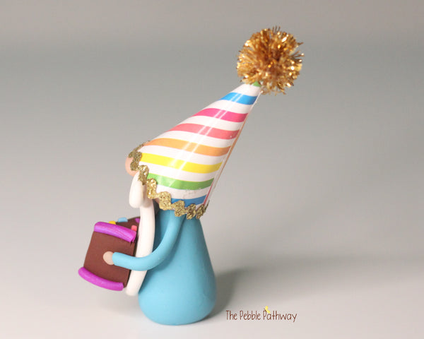Happy Birthday Miniature Gnome with party hat and piece of cake