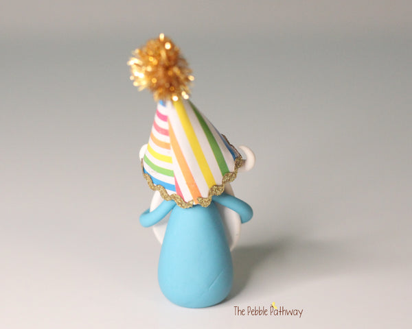 Happy Birthday Miniature Gnome with party hat and piece of cake