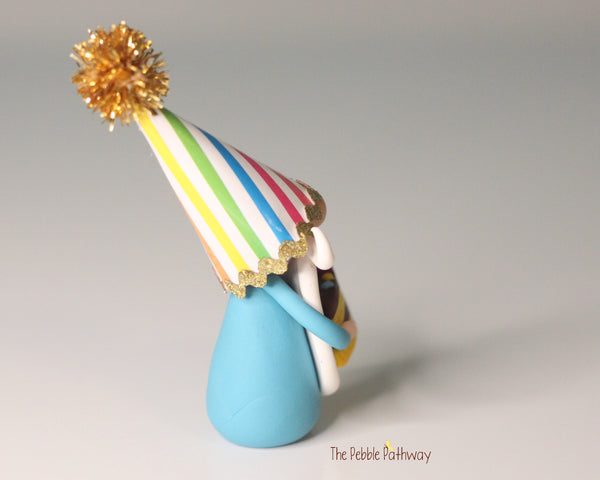 Happy Birthday Miniature Gnome with party hat and piece of cake