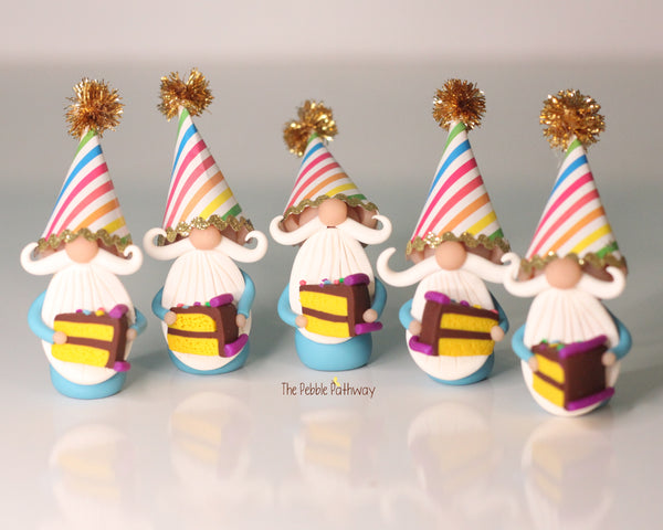 Happy Birthday Miniature Gnome with party hat and piece of cake