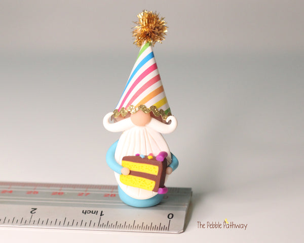 Happy Birthday Miniature Gnome with party hat and piece of cake