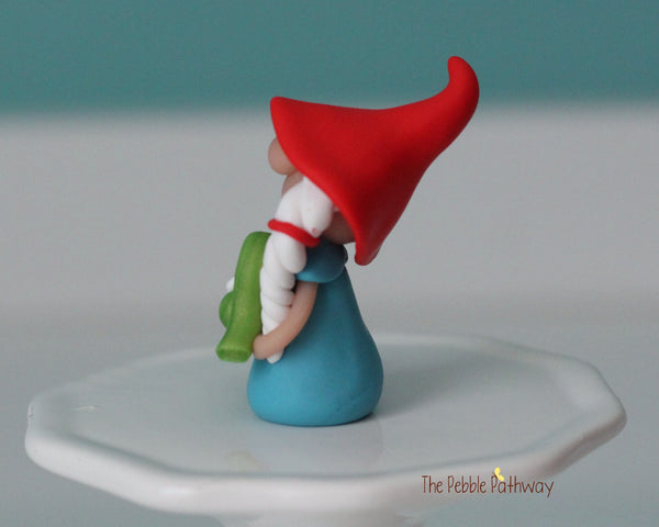 Miniature polymer clay Gnomette with inchworm - Girl gnome Shauna - ThePebblePathway