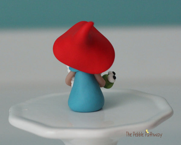 Miniature polymer clay Gnomette with inchworm - Girl gnome Shauna - ThePebblePathway