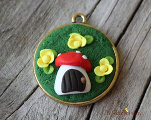 Tiny Mushroom gnome home and Flowers Pendant