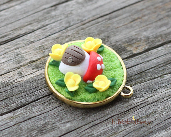 Tiny Mushroom gnome home and Flowers Pendant light green background