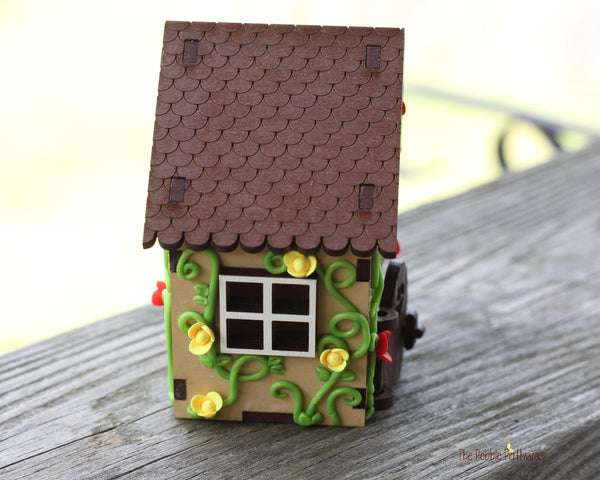 Tiny home for itty bitty gnome - springtime miniature house with red and yellow flowers - village cottage