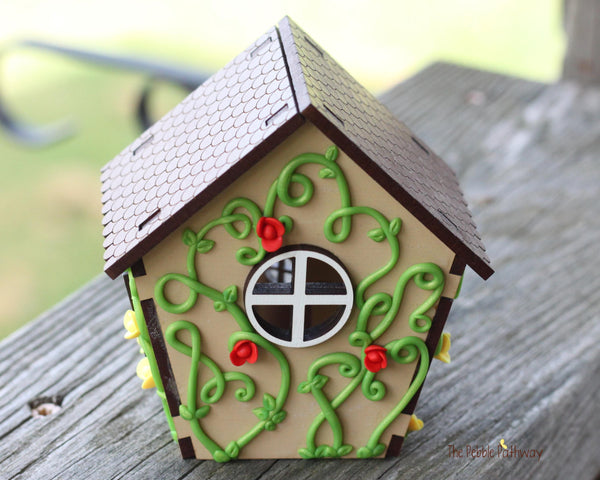 Tiny home for itty bitty gnome - springtime miniature house with red and yellow flowers - village cottage