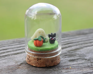 Micro Black cat, glow in the dark ghost, and tiny pumpkin in tiny cloche