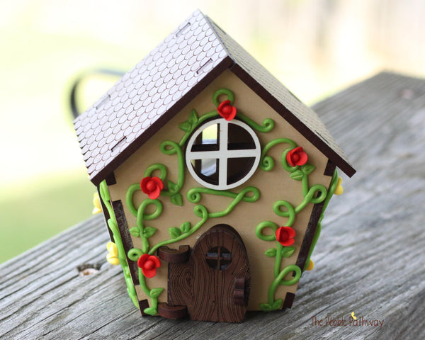 Tiny home for itty bitty gnome - springtime miniature house with red and yellow flowers - village cottage