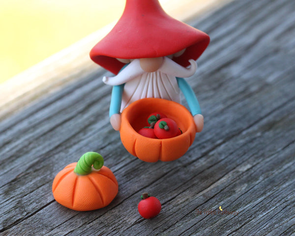 Gnome with pumpkin bowl full of apples - miniature garden gnome figure