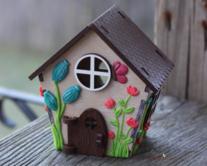 Tiny home for itty bitty gnome - springtime miniature house with wildflowers - village cottage