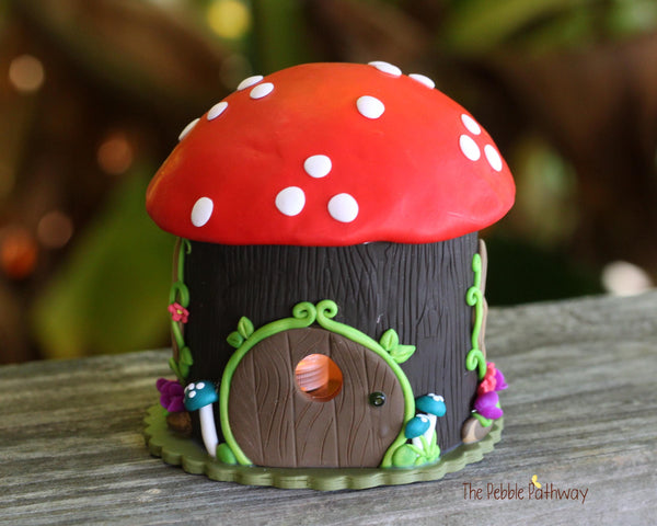 Tree stump mushroom Fairy House night light with flowers