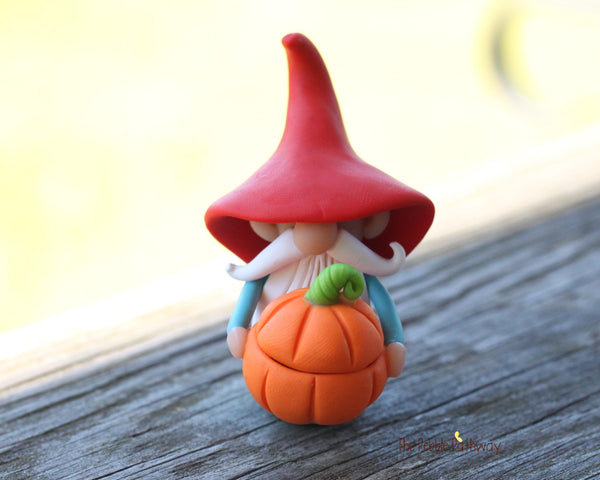 Gnome with pumpkin bowl full of apples - miniature garden gnome figure