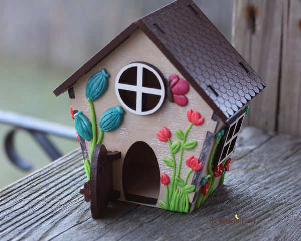 Tiny home for itty bitty gnome - springtime miniature house with wildflowers - village cottage