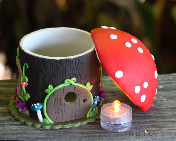 Tree stump mushroom Fairy House night light with flowers