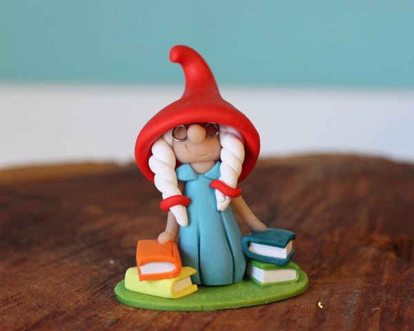 Gnomette with books and glasses - miniature garden girl gnome figure- Matana