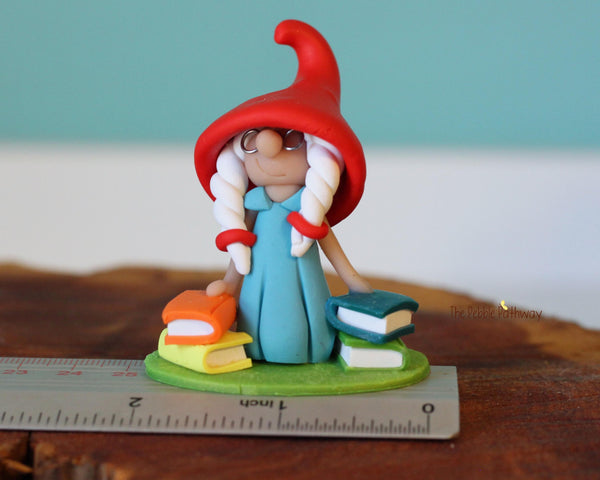 Gnomette with books and glasses - miniature garden girl gnome figure- Matana