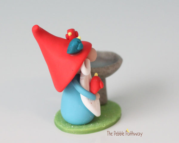 Bird lover gnome - Gnome with birdbath - miniature garden gnome figure - Oran
