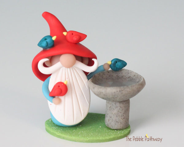 Bird lover gnome - Gnome with birdbath - miniature garden gnome figure - Oran