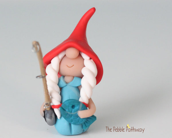 Fishing gnomette - miniature garden girl gnome figure - Mandisa