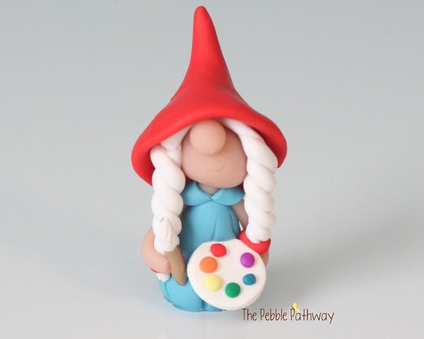 Artist gnomette - Girl Gnome with paint brush and palette - miniature garden gnome figure - Zaltana