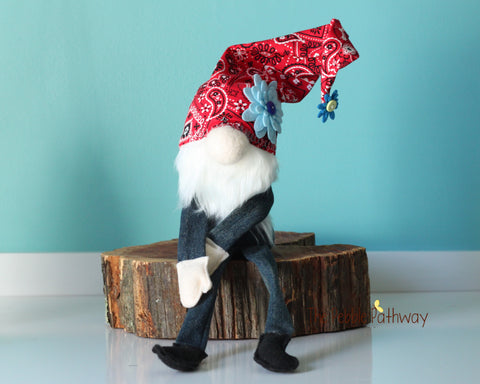 Denim stuffed gnome with bandana hat - Roel - Ships free - ThePebblePathway