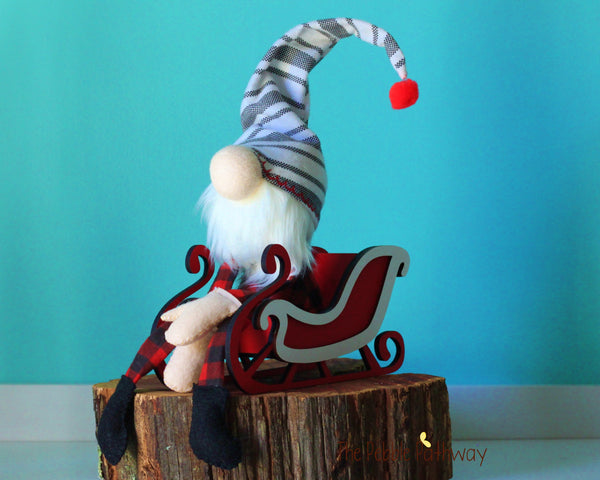Buffalo plaid stuffed gnome with striped hat - Carlsen - ThePebblePathway