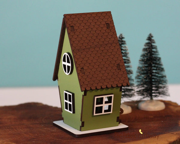 Tiny cottage home for itty bitty gnome - moss green with steep roof, working door - ThePebblePathway