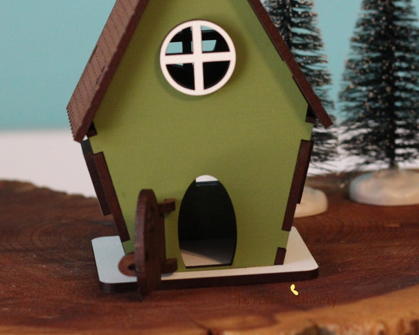 Tiny cottage home for itty bitty gnome - moss green with steep roof, working door - ThePebblePathway