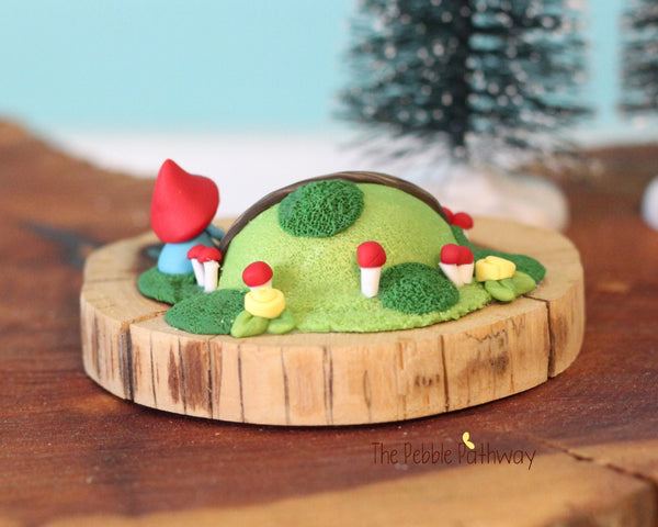 Micro mini gnome with tiny gnome home on cedar wood slice - ThePebblePathway