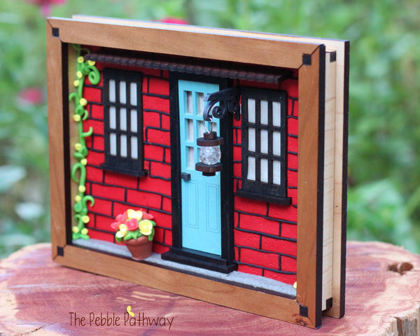 Whimsical front door 3 dimensional picture framed artwork mixed media - Brick House - ThePebblePathway