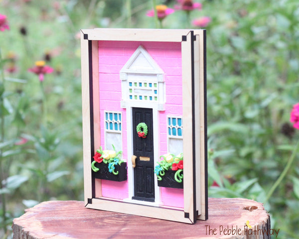 Whimsical front door 3 dimensional picture framed artwork mixed media - Pink House - ThePebblePathway