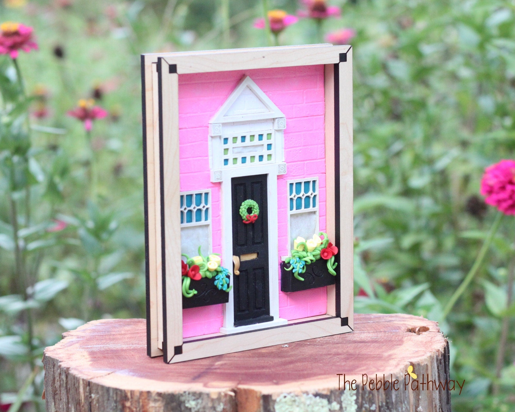Whimsical front door 3 dimensional picture framed artwork mixed media - Pink House - ThePebblePathway