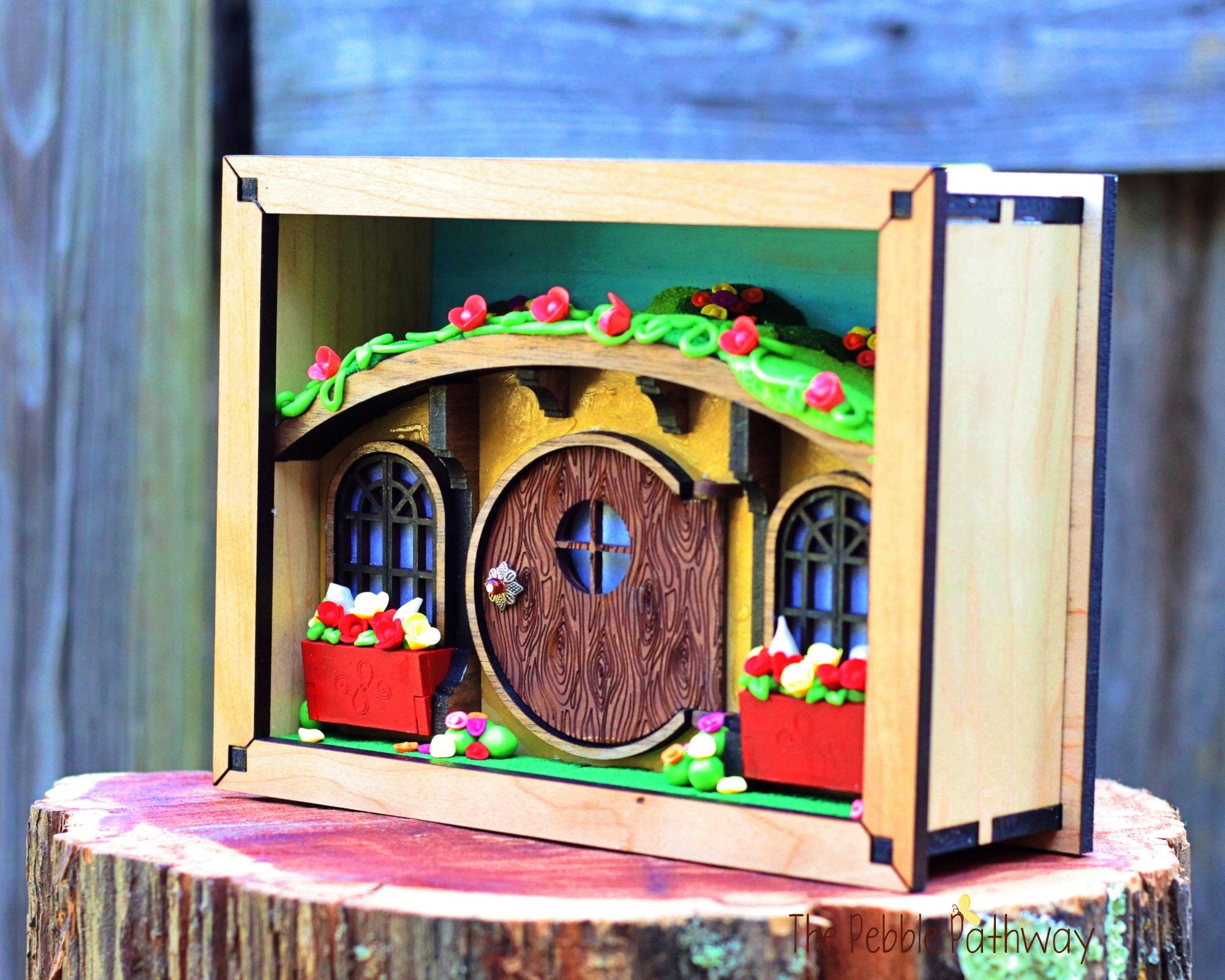 Gnome home shadow box diorama with working door for treasures - ThePebblePathway