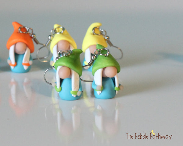 Tiny Girl Gnome Earrings - You pick hat color - Cute and colorful polymer clay jewelry - ThePebblePathway