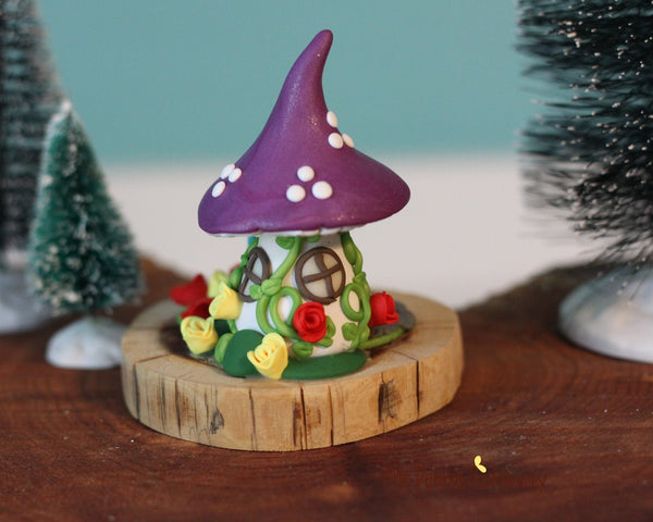Micro mini gnome with tiny gnome mushroom home on cedar wood slice-3 - ThePebblePathway