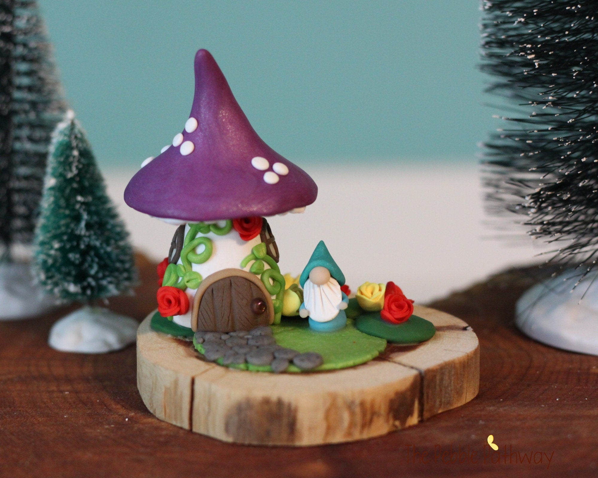 Micro mini gnome with tiny gnome mushroom home on cedar wood slice-3 - ThePebblePathway