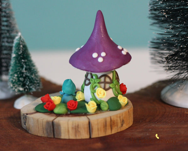 Micro mini gnome with tiny gnome mushroom home on cedar wood slice-3 - ThePebblePathway