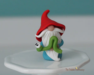 Miniature polymer clay Gnome with inchworm - Egmont - ThePebblePathway