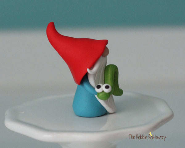 Miniature polymer clay Gnome with inchworm - Egmont - ThePebblePathway
