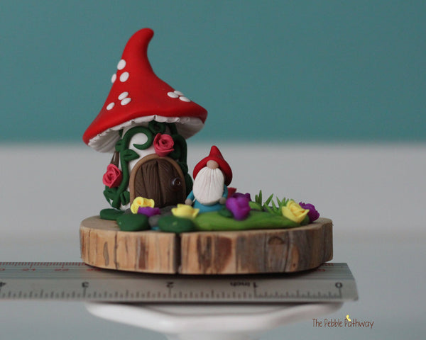 Micro mini gnome with tiny gnome mushroom home on cedar wood slice-4 - ThePebblePathway