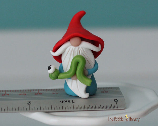 Miniature polymer clay Gnome with inchworm - Egmont - ThePebblePathway