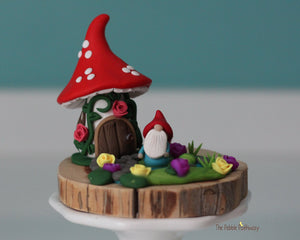 Micro mini gnome with tiny gnome mushroom home on cedar wood slice-4 - ThePebblePathway