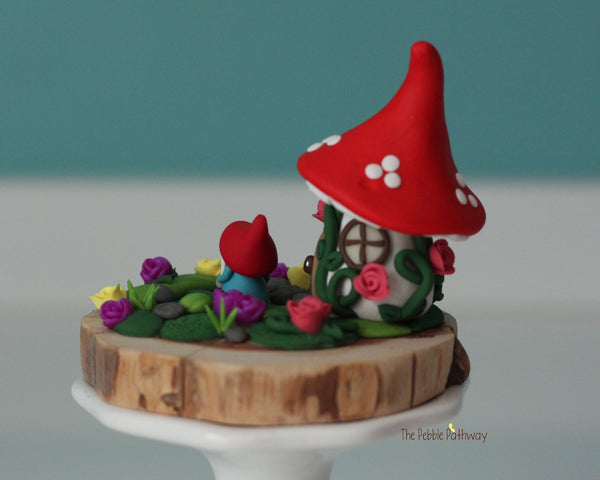 Micro mini gnome with tiny gnome mushroom home on cedar wood slice-4 - ThePebblePathway
