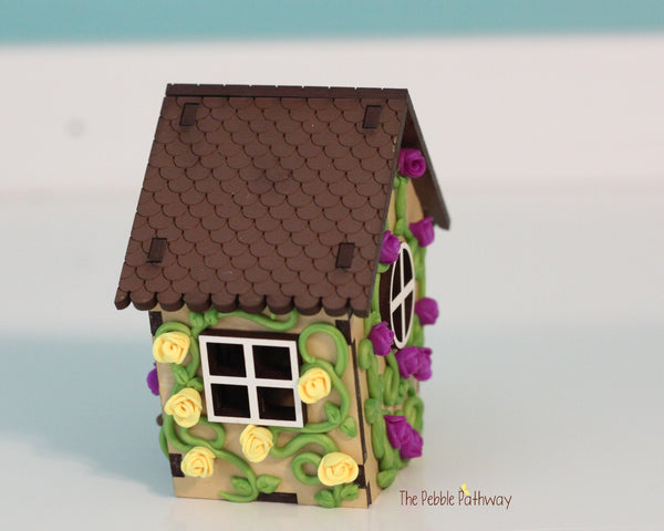 Tiny home for itty bitty gnome - springtime miniature house with purple and yellow flowers - village cottage - ThePebblePathway