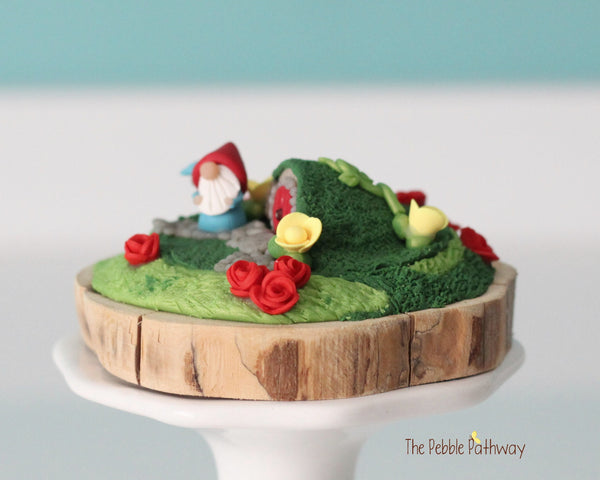 Micro mini gnome with tiny gnome home on cedar wood slice 2 - ThePebblePathway