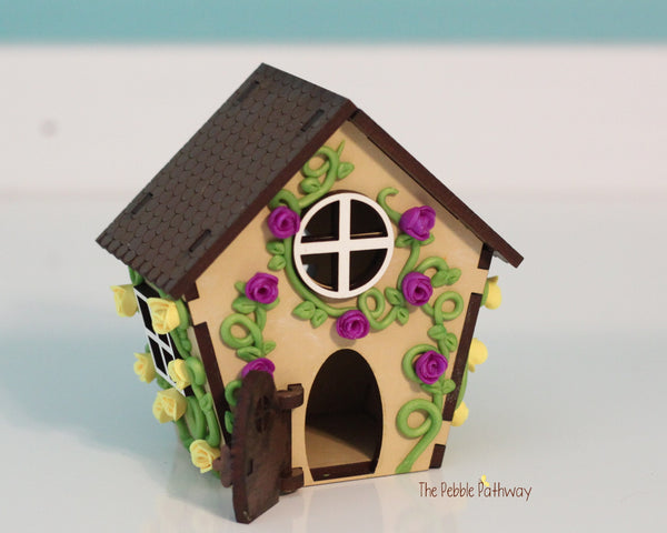 Tiny home for itty bitty gnome - springtime miniature house with purple and yellow flowers - village cottage - ThePebblePathway